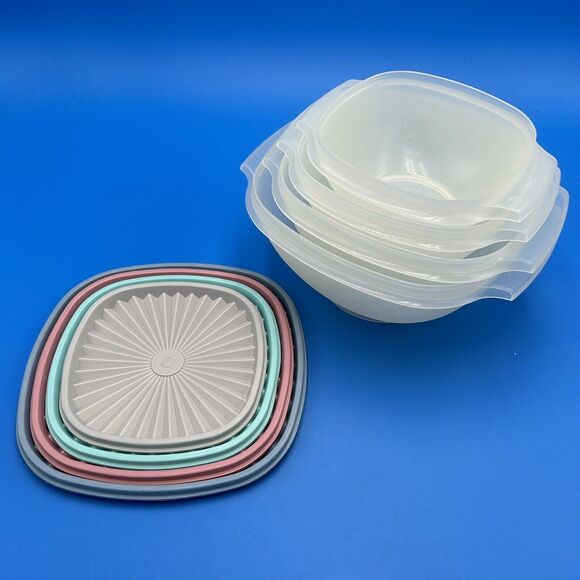 Vintage Tupperware Servalier Bowls Set 4 Sunburst Lid Seal Pink Aqua Almond Blue - Picture 3 of 16